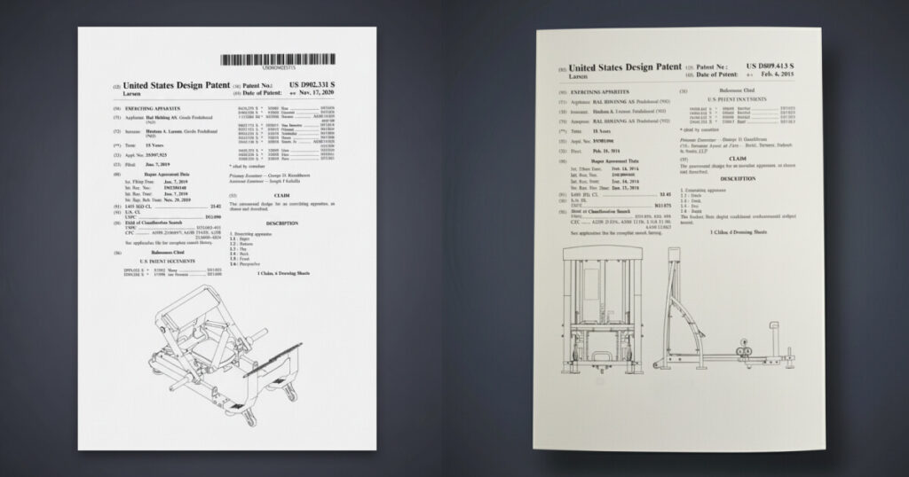 Patent drawing of hip-thrust machine showing backrest, footplate, and belt path