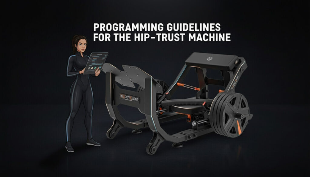 This image illustrates programming guidelines for the hip-thrust machine
