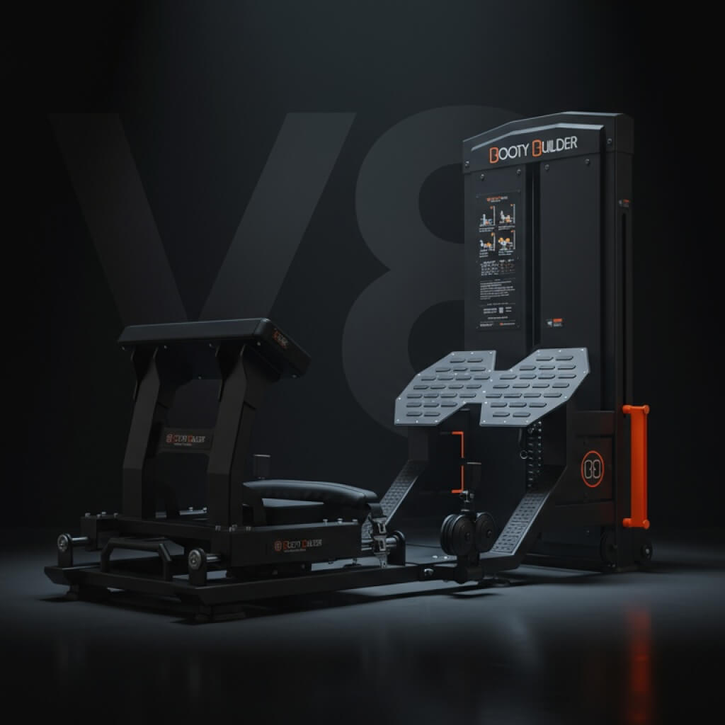 This is an image of the Booty Builder V8 hip thrust machine with the V8 text large behind the machine