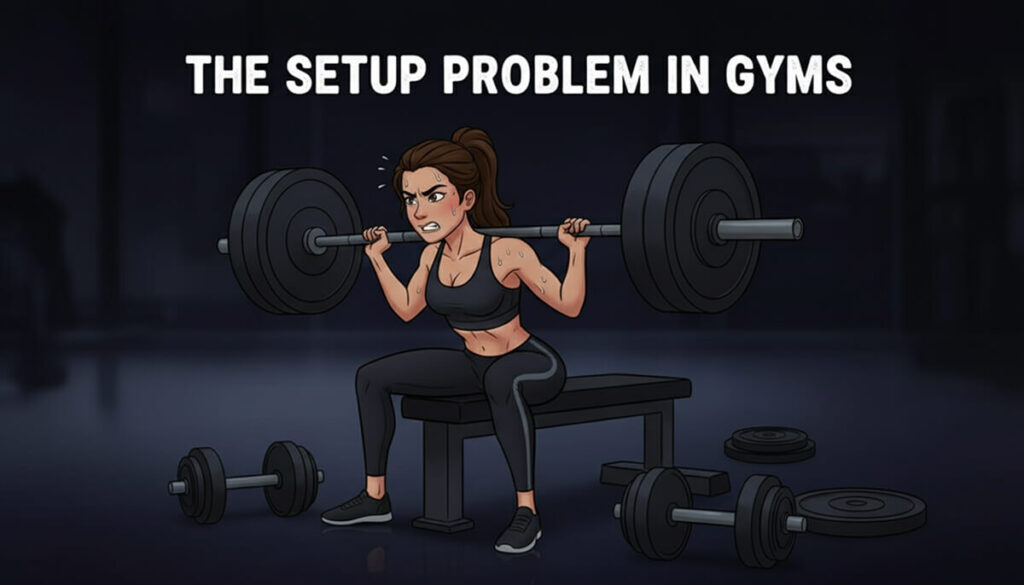 An image illustrates how it can be difficult to set up the hip thrust with a barbell and a bench