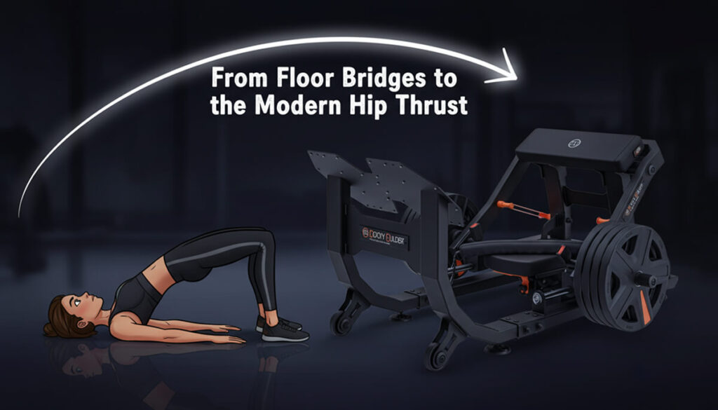 Illustration showing floor bridges transforms into the modern hip thrust