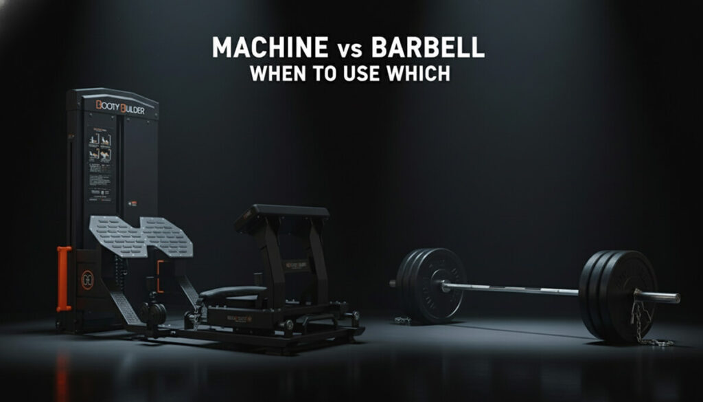 Booty Builder hip thrust machine beside barbell setup, showing machine vs barbell comparison.