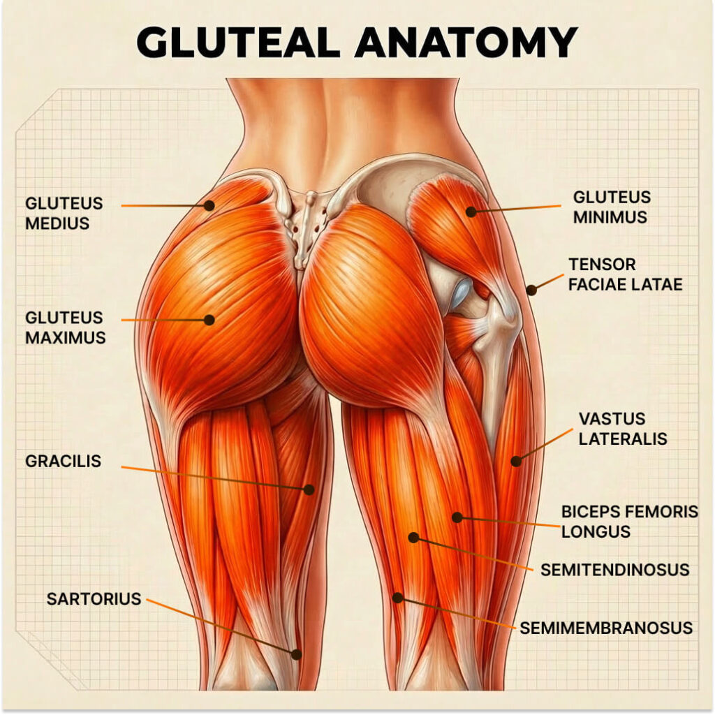 Illustrated anatomy of the gluteal muscles showing gluteus maximus, gluteus medius, and gluteus minimus with surrounding hip and thigh muscles.