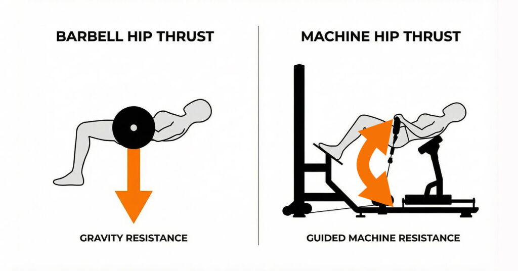 Diagram comparing gravity-based barbell resistance with guided machine resistance during a hip thrust