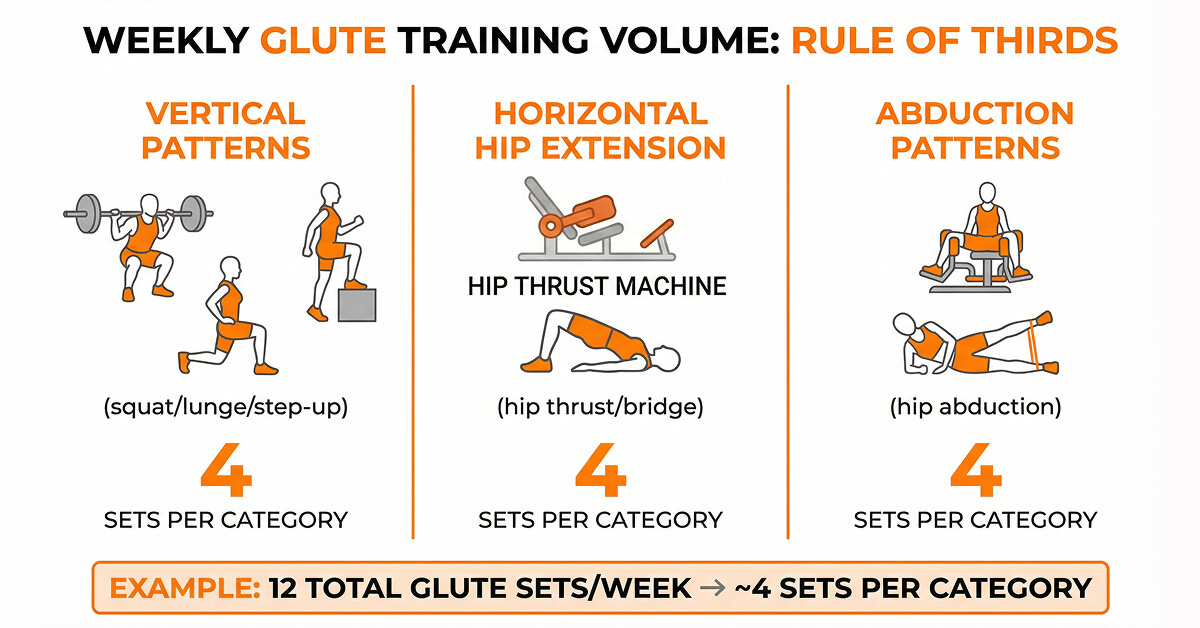 Rule of thirds diagram dividing weekly glute sets into vertical patterns, hip thrust patterns, and abduction patterns