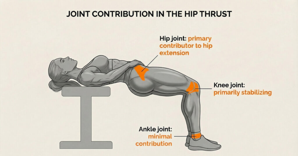 Diagram showing hip, knee, and ankle joint contribution during a hip thrust