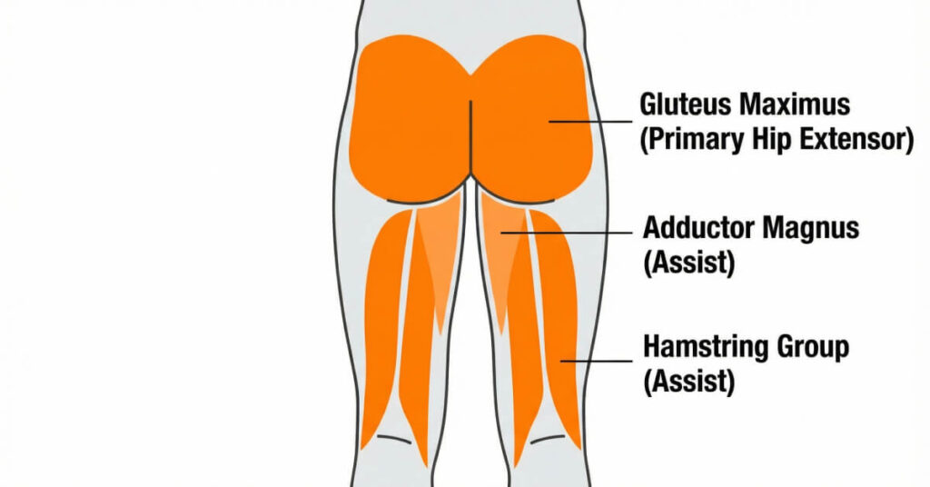 Diagram showing primary and assisting muscles involved in hip extension during a hip thrust