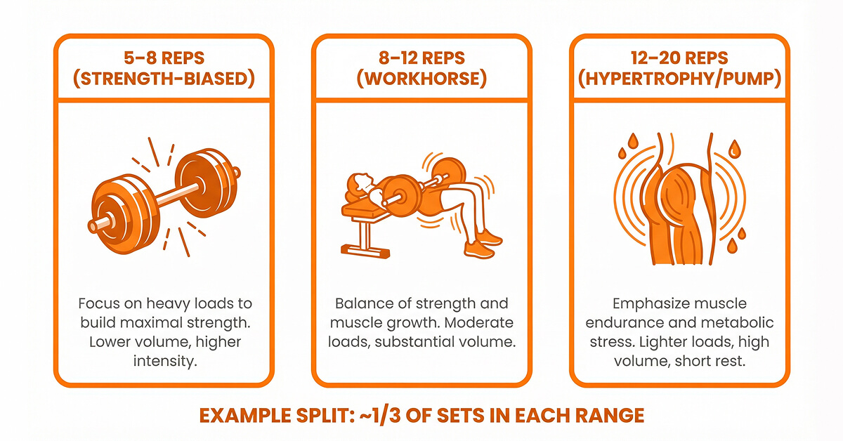 Rep range graphic showing a split across 5–8, 8–12, and 12–20 repetitions for hip thrust programming