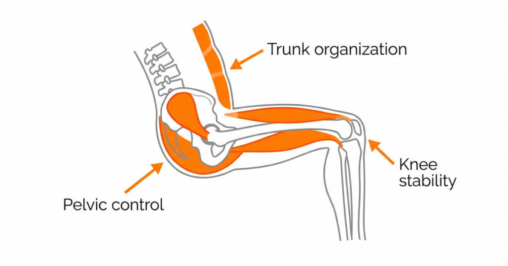 Diagram showing pelvic control, knee stability, and trunk organization during a hip thrust
