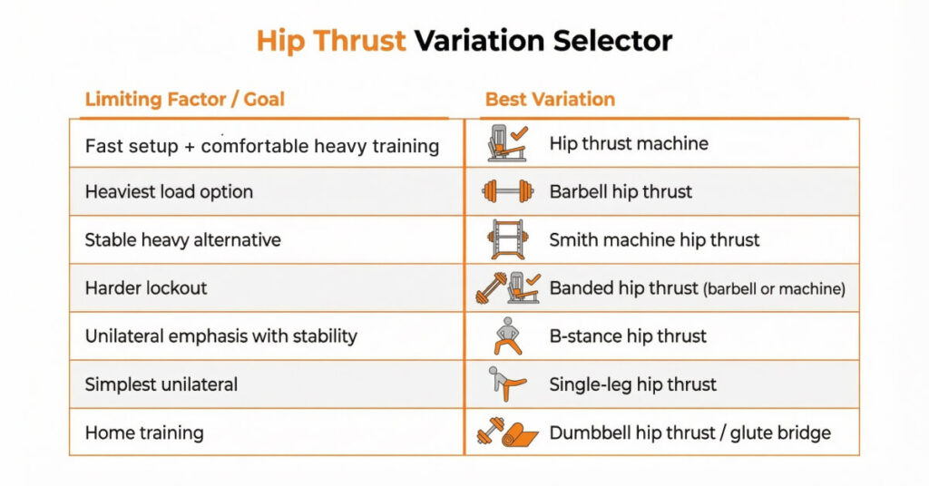 Hip thrust variation selector table matching training goals to the best hip thrust variation