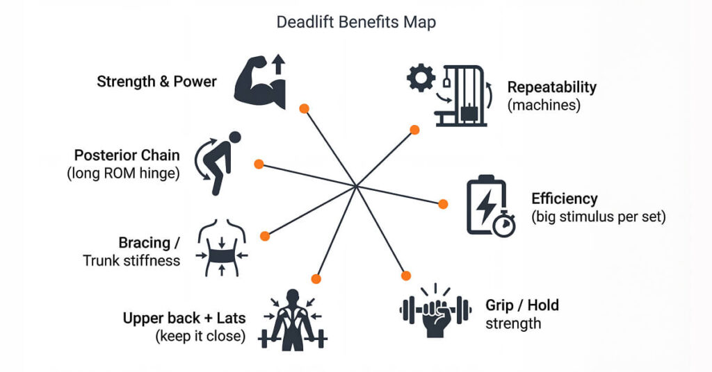 Minimal deadlift benefits map showing strength, posterior chain, bracing, upper back, grip, efficiency, and repeatability with machines.
