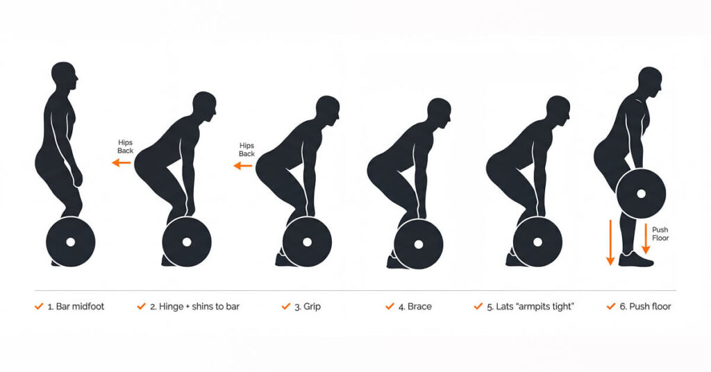 Deadlift setup checklist silhouettes showing bar over midfoot, hinge down, grip, brace, lats tight, and smooth pull to mid-shin.