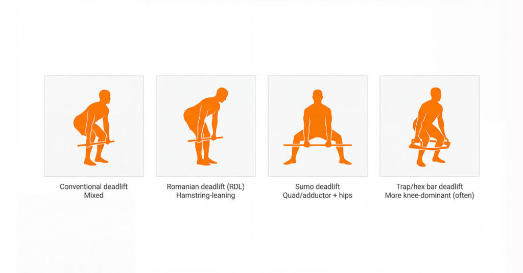Silhouette comparison of conventional, RDL, sumo, and trap-bar deadlift start positions with simple bias labels.