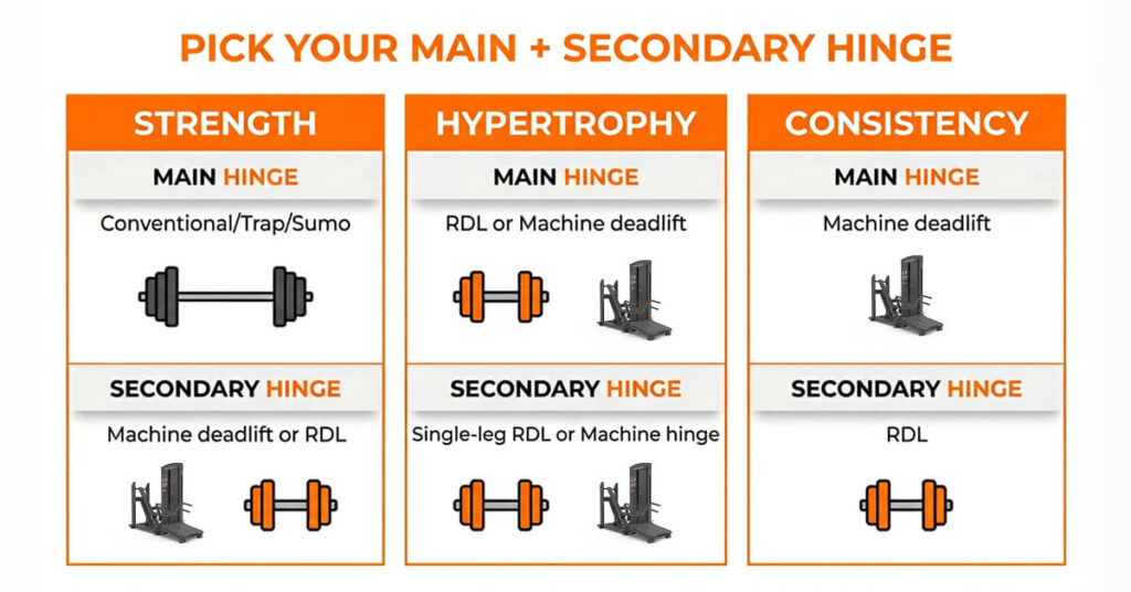 Infographic showing how to choose a main and secondary deadlift hinge for strength, hypertrophy, or consistency