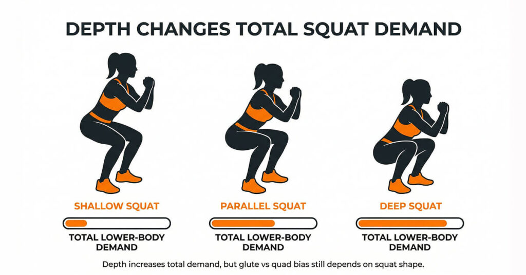 Diagram showing shallow, parallel, and deep squat positions with increasing total lower-body demand
