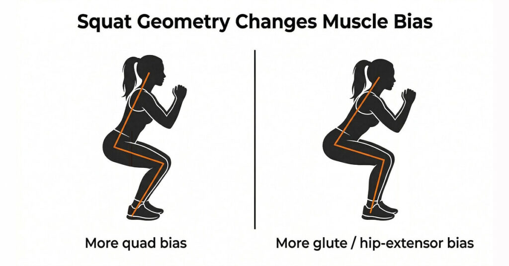 Two-panel squat diagram showing how torso and tibia angles shift the squat toward more quad bias or more glute and hip-extensor bias