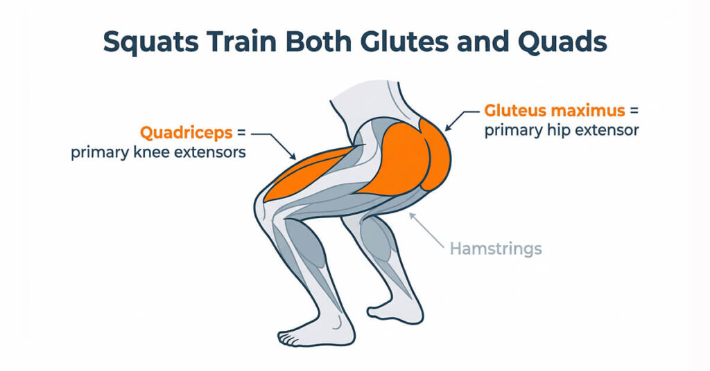Diagram showing the gluteus maximus and quadriceps as the primary muscles trained in a squat