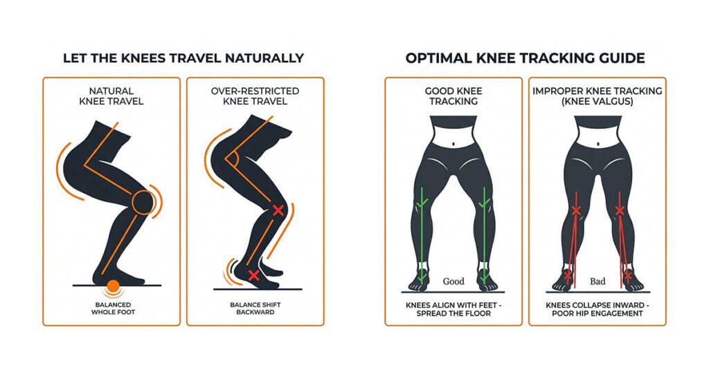 Squat diagram showing natural knee travel and correct knee tracking versus restricted knee travel and knee valgus