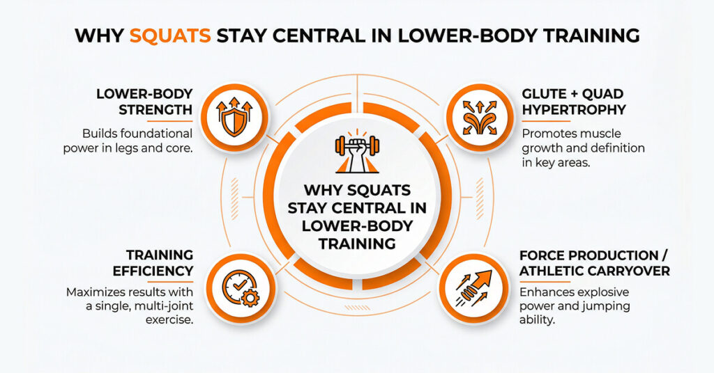 Infographic showing four main squat benefits: lower-body strength, glute and quad hypertrophy, force production and athletic carryover, and training efficiency