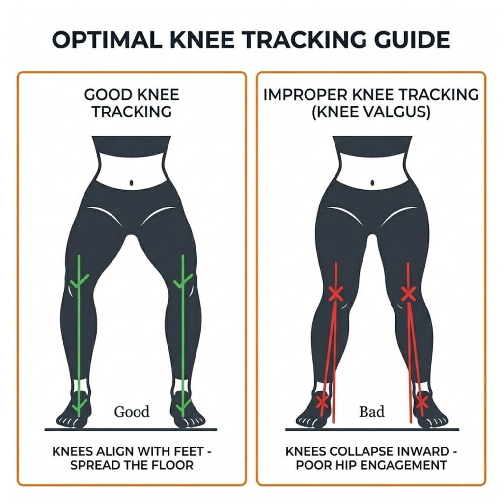 Front-view squat diagram comparing proper knee tracking with inward knee collapse
