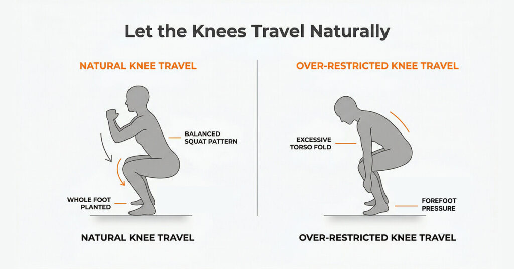 Two-panel squat diagram comparing natural knee travel with over-restricted knee travel