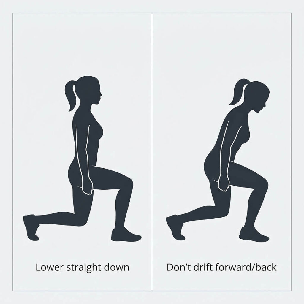 Two-panel split squat graphic comparing a correct straight-down descent with an incorrect drifting or folding descent.