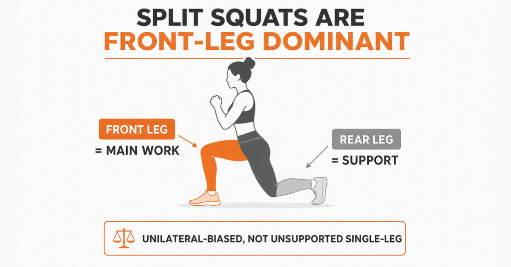 Split squat diagram showing the front leg as the main working leg and the rear leg as support