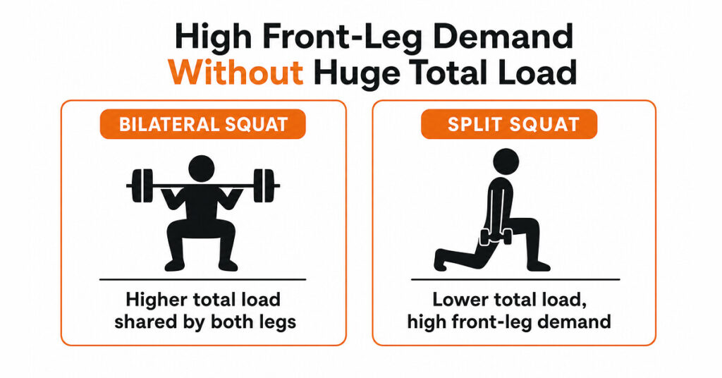 Comparison graphic showing a bilateral squat with higher total load and a split squat with high front-leg demand
