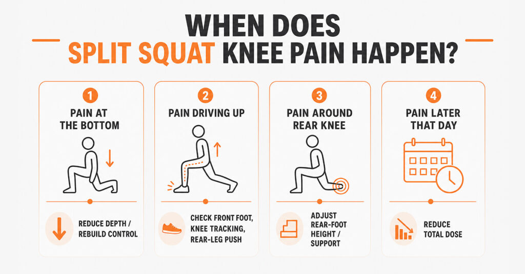 Split squat knee pain timing map showing bottom pain, drive-up pain, rear-knee pain, and delayed pain
