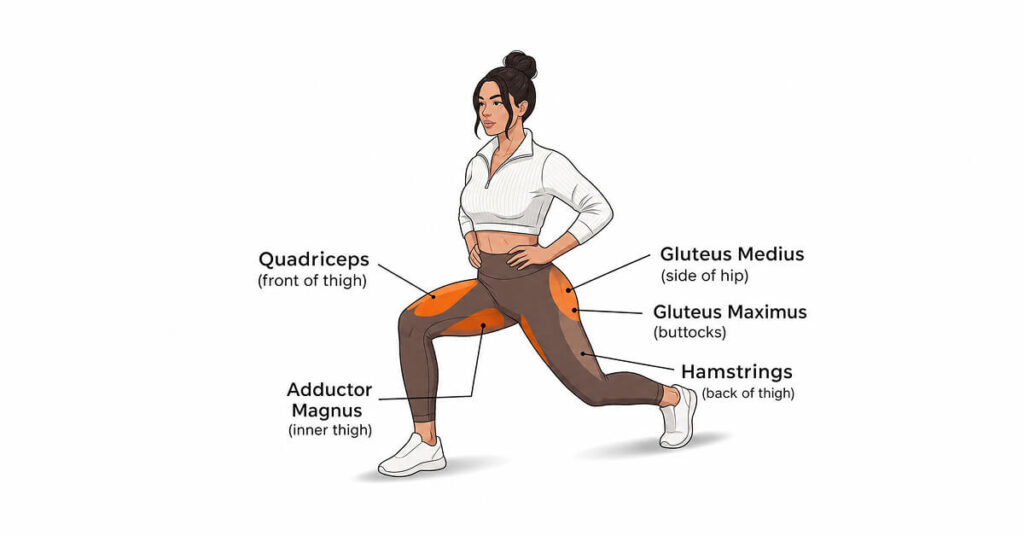 Illustration of a woman performing a split squat with the primary muscles worked highlighted, including the gluteus maximus, quadriceps, adductor magnus, and gluteus medius.