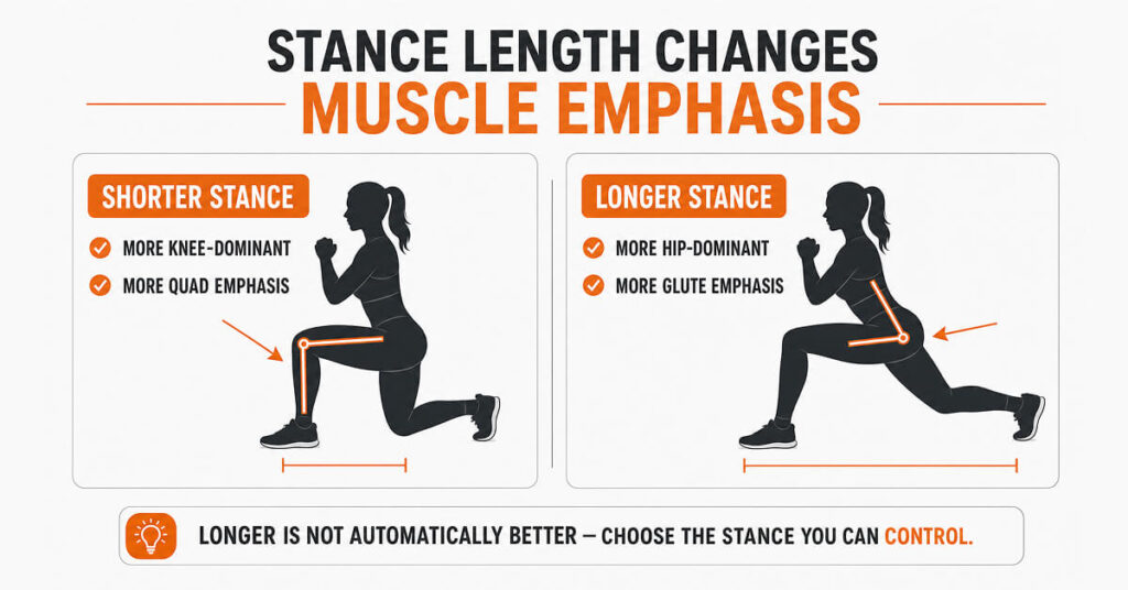 Illustration showing split squat stance length, comparing foot positioning and body alignment to explain how stance length affects control, depth, and front-leg loading.