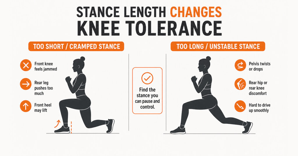 Two-panel split squat diagram showing how too short or too long stance length can affect knee comfort